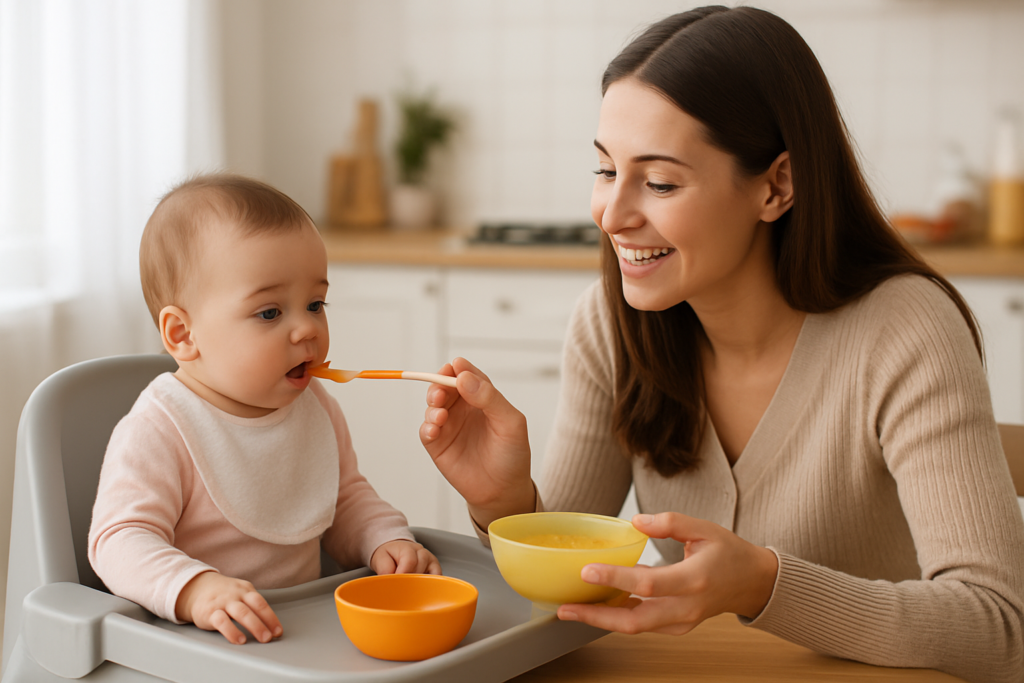 Uma mãe jovem com pele clara e cabelos castanhos longos sorri enquanto oferece a primeira colherada de papinha ao seu bebê, sentado em uma cadeirinha de alimentação. O bebê, com babador branco e roupa rosa, está prestes a aceitar a comida com curiosidade. A cena se passa em uma cozinha clara e acolhedora, com utensílios e plantas ao fundo, transmitindo um momento de carinho e introdução alimentar.