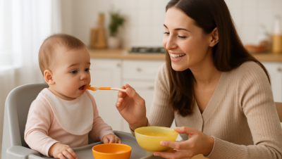 Uma mãe jovem com pele clara e cabelos castanhos longos sorri enquanto oferece a primeira colherada de papinha ao seu bebê, sentado em uma cadeirinha de alimentação. O bebê, com babador branco e roupa rosa, está prestes a aceitar a comida com curiosidade. A cena se passa em uma cozinha clara e acolhedora, com utensílios e plantas ao fundo, transmitindo um momento de carinho e introdução alimentar.